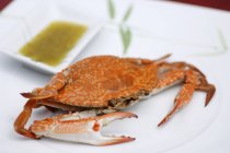 Nahaufnahme von gekochten blauen Krabben mit Sauce auf weißem Teller — Stockfoto