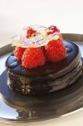 Small chocolate cake with raspberries — Stock Photo
