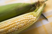 Dos mazorcas de maíz con cáscaras - foto de stock