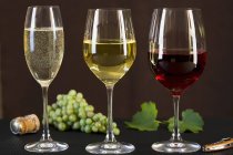 Bicchieri con champagne, vino rosso e bianco — Foto stock