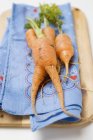 Zanahorias jóvenes sobre tela coloreada - foto de stock