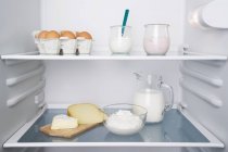 An opened fridge with dairy products and eggs — Stock Photo