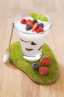 Primo piano vista di yogurt con varie bacche in un bicchiere — Foto stock