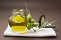 Ramita con frasco de aceite de oliva - foto de stock