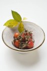 Closeup view of rose hips and leaves in bowl — Stock Photo