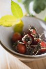 Closeup view of fresh rose hips in bowl with leaves — Stock Photo