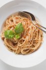 Spaghetti mit Tomatensauce und Basilikum — Stockfoto