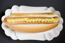 Cachorro quente com mostarda em prato de papel — Fotografia de Stock