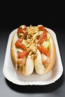 Hot dogs avec ketchup sur plaque de papier — Photo de stock