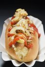 Hot dog with sauerkraut and onions — Stock Photo