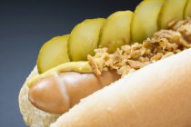 Hot dog con pepinillos y mostaza - foto de stock