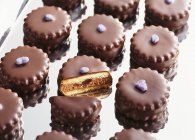 Vista close-up de bolos de gengibre com esmalte de chocolate e violetas cristalizadas — Fotografia de Stock