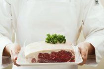 Sirloin steak on tray — Stock Photo