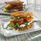 Potato cakes with vegetables and chicken burger — Stock Photo