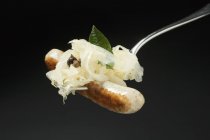 Salsiccia con crauti su forchetta — Foto stock