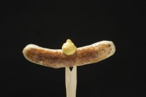 Saucisse à la moutarde sur fourchette en bois — Photo de stock