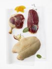 Various raw duck pieces with spices — Stock Photo