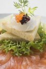 Queso y caviar sobre tostadas sobre salmón - foto de stock