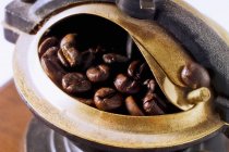 Vista close-up de moinho de café com grãos — Fotografia de Stock
