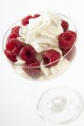 Primo piano vista di lamponi con panna montata nella ciotola del dessert — Foto stock