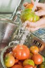 Hands washing fresh tomatoes — Stock Photo