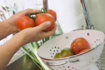 Manos lavando tomates frescos - foto de stock