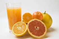Glas Fruchtsaft und Zitrusfrüchte — Stockfoto