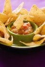 Closeup view of tortilla chip dipped in tomato salsa — Stock Photo