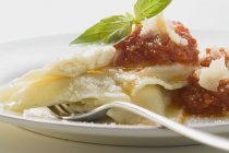 Pasta Ravioli con salsa de tomate - foto de stock