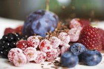 Вид крупным планом смешанных ягод с шоколадной стружкой — стоковое фото
