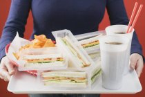 Closeup view of woman holding sandwiches with cola and crisps on tray — Stock Photo