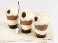 Closeup view of chocolate Sundaes in glasses with spoon — Stock Photo