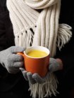 Una taza de sopa de calabaza en las manos con guantes contra la bufanda - foto de stock
