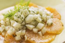Insalata di finocchio su fette d'arancia su piatto bianco — Foto stock