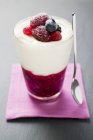 Primo piano vista del dessert con crema alla vaniglia e bacche in vetro — Foto stock