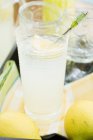 Vaso de limonada y limones frescos - foto de stock