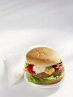 Vista de perto de um hambúrguer com mostarda, ketchup e maionese — Fotografia de Stock