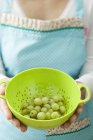 Woman holding colander with gooseberries — Stock Photo
