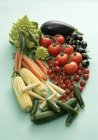 Маленькі та великі овочі над зеленою поверхнею — стокове фото