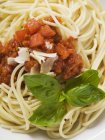 Спагетти болоньезе с базиликом и пармезаном — стоковое фото
