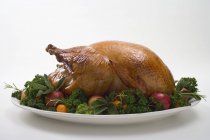 Roast turkey garnished with herbs — Stock Photo