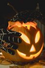 Hands in cobweb gloves holding pumpkin — Stock Photo