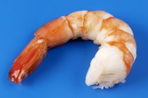 Closeup view of cooked king prawn tail on blue surface — Stock Photo