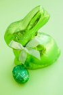 Зеленый пасхальный кролик и шоколадное яйцо — стоковое фото