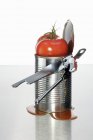 Fresh tomato on opened tin  on white background — Stock Photo