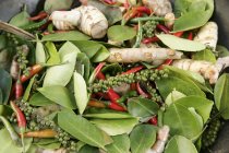 Varie spezie e foglie di alloro in ciotola — Foto stock