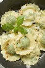 Ravioli pasta with fresh basil — Stock Photo