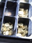 Closeup view of opened till with euro coins in sections — Stock Photo