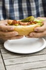 Male hands holding hot dog — Stock Photo
