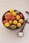 Various tomatoes and spoonful of salt — Stock Photo